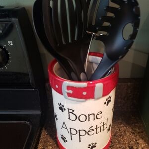 Bone Appétit Ceramic Utensil Holder - Red and White With Black Paw Print Accents
